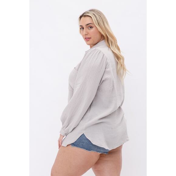 106. Light Grey Gauze Button Down Puff Sleeves Blouse Shirt Top - Picture 2 of 2